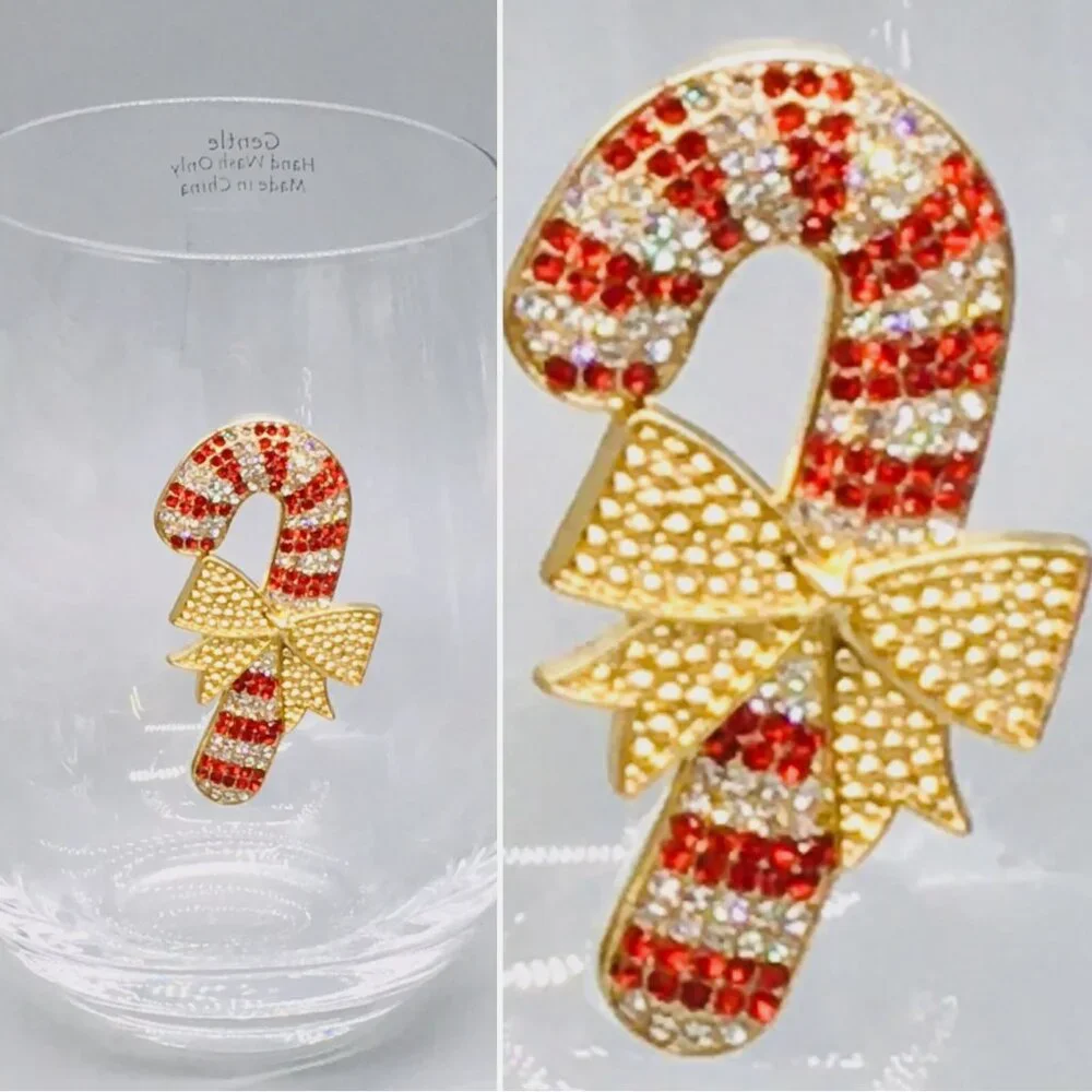 x4 Rhinestone Candy Cane Stemless Wine Glass Set Red Gold Bow Christmas Holidays